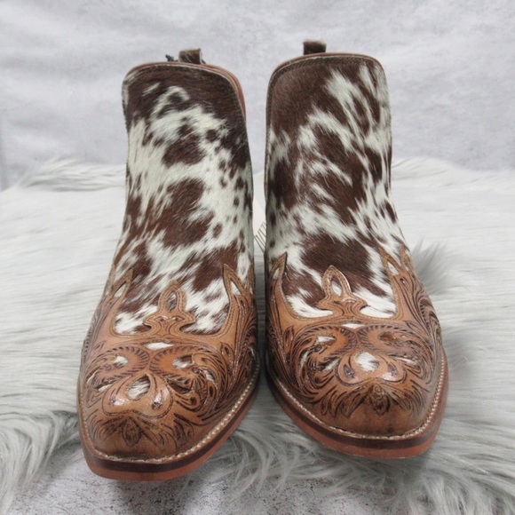 MYRA Western Boho Horse Jane Tooled Leather Hairon Calf-Hair Ankle Booties 10 - Picture 4 of 11